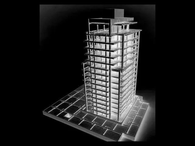 Modelo BIM de la estructura completa de un edificio en altura: fundaciones, columnas, vigas y losas