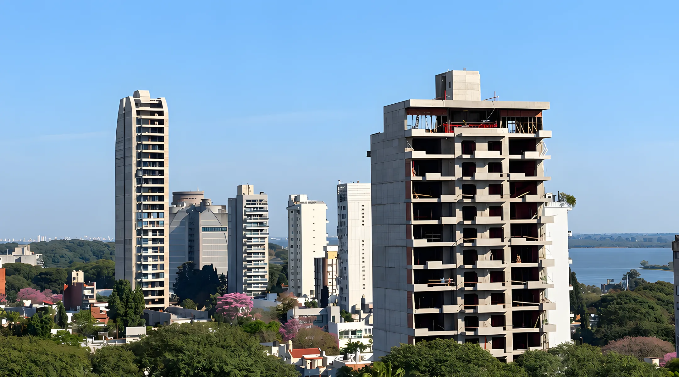 Vista de Paraná desde altura: Giardino Tower en construcción en primer plano y Torre Faro detrás, a la izquierda.